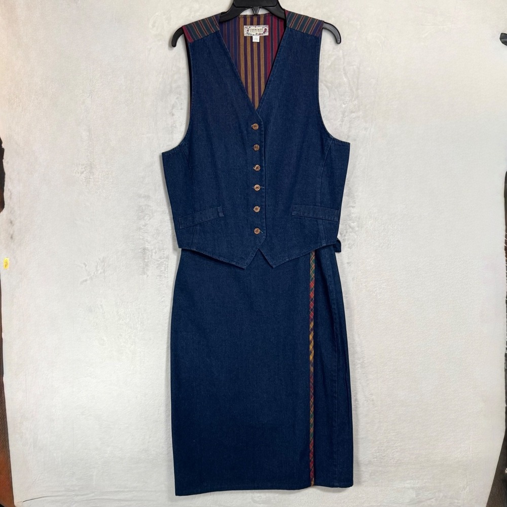 Vintage 2 Pc Denim Vest & Wrap Midi Skirt Set Western Heritage Size L 10 Capsule